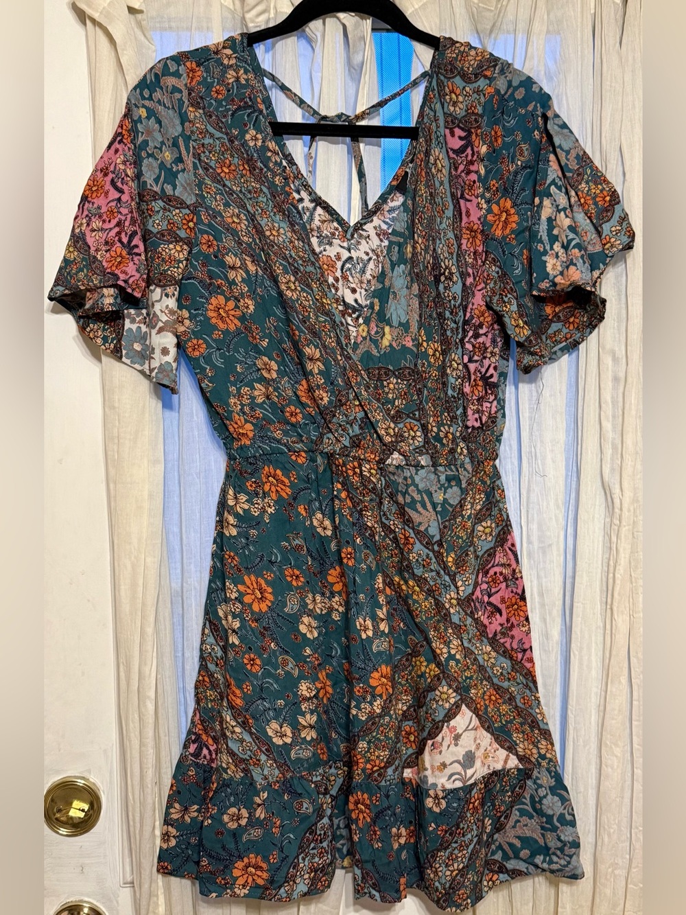 Angie Teal Floral Mini Dress with Orange & Pink Accents
